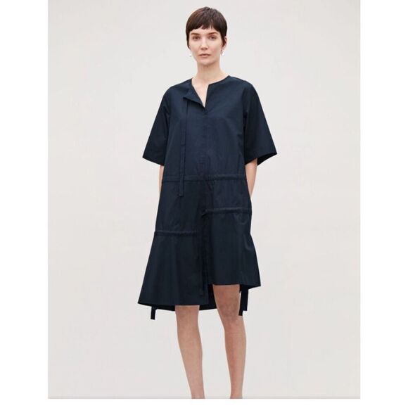 COS Navy Blue Asymmetric Dress With Drawstrings 44/M - Picture 3 of 7